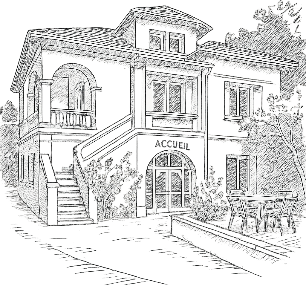 Illustration du bâtiment d’accueil de l’association Le Relais, 15 rue du Japon, entouré de verdure.